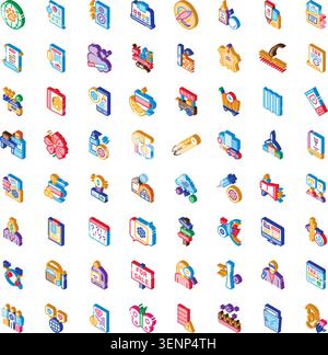 Isometric icons presenting diverse service related concepts, including pet care, tax filing, real estate, cloud computing, gardening, shopping, and bu Stock Vector