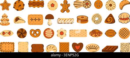 Colorful flat sweet cookies. Different biscuits for children and adults, sugar snacks. Christmas desserts, party, holidays food. Tasty bakery Stock Vector