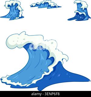 Blue ocean waves with white foam cresting and breaking, depicting various forms of water movement with a stylized cartoon aesthetic on a clean backgro Stock Vector