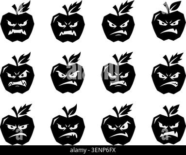 Furious sharp apple emoticons set silhouette vector illustration Stock Vector