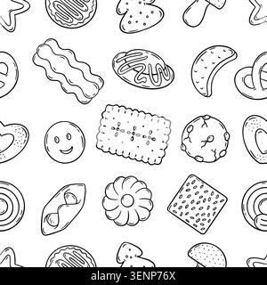 Doodle cookies seamless pattern. Sweet biscuits different shapes, desserts or snacks. Print for fabric, wallpaper, wrapping, neoteric vector Stock Vector