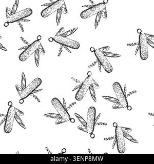 seamless pattern tactical pocket knife hand drawn. multi sharp, compact durable, versatile stainless tactical pocket knife black sketch illustration Stock Vector