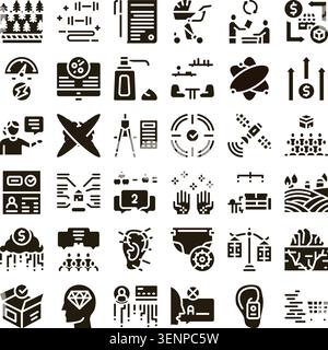 Diverse set of vector glyph icons representing finance, tech, education, health, environment and social concepts for ui, infographics, web and app des Stock Vector