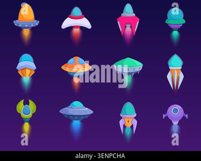 Cartoon futuristic ships. Ufo people spaceship, aliens ship with fiery tails. Universe adventures and explorations transport, different spacecraft Stock Vector