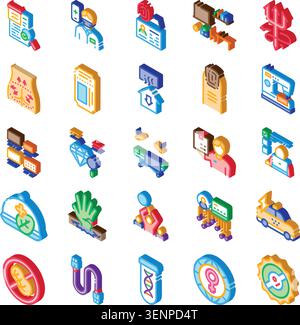 Collection of isometric icons presenting various concepts including medical services, business development, technology solutions, industrial processes Stock Vector