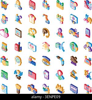 Isometric icon collection featuring various business concepts, digital marketing, shopping, services, trade, goods, industry, and financial transactio Stock Vector