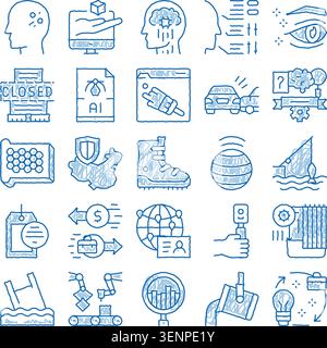 Set of ai and tech doodle icons showing concepts like smart computing, automation, data analytics, intellectual processing, industry innovation, and d Stock Vector