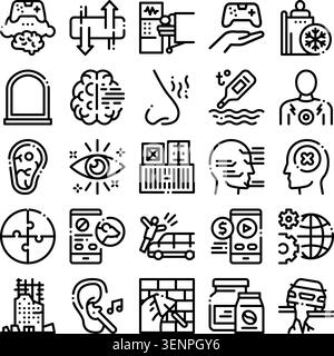 Human sensory perception, brain function, gaming connection, technology interface, and various health aspects represented in a comprehensive linear ic Stock Vector