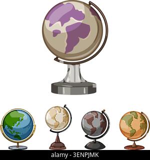 Terrestrial globes set on stands, featuring different color schemes and styles, providing a visual representation of the earth for studying geography Stock Vector