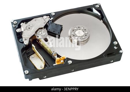Opened computer hard drive isolated on white background. Hard drive close-up. Stock Photo