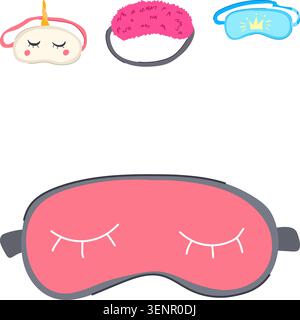Collection of playful and cozy sleep masks on white background, pink mask with closed eyes, unicorn, furry style, and light blue crown design for rest Stock Vector