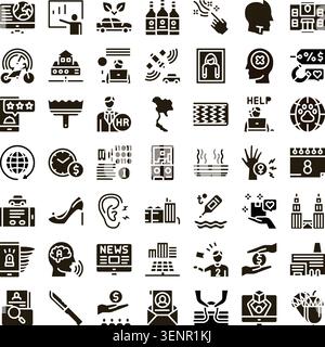Collection of minimal black and white glyph icons representing various concepts including business, technology, medical, environmental, social, and hu Stock Vector