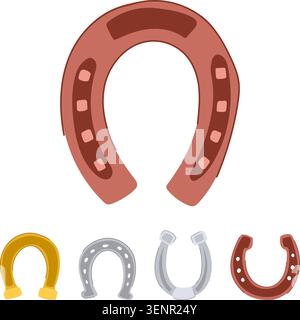 Horseshoes collection featuring various designs and materials, including gold, silver, and metal, on a white background, symbolizing luck and traditio Stock Vector