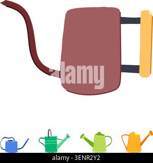 Various colorful watering cans. Including a large brown handled can with a long spout and a row of smaller blue. Green. Light green. And orange cans. Stock Vector