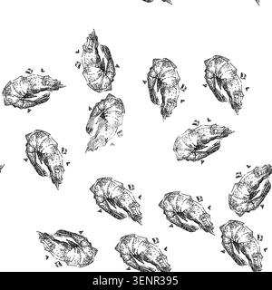 seamless pattern shrimp frozen hand drawn vector. ice seafood, raw food, fresh prawn fish, tail shellfish shrimp frozen sketch illustration Stock Vector