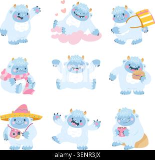 Cartoon yeti. Funny yeti characters different actions. Fluffy big foot monster eat burger, drink cocoa, jumping and sitting on cloud, adorable nowaday Stock Vector