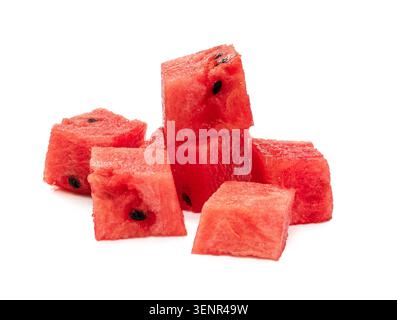 Cubes of watermelon on white background. Pieces of watermelon isolated. Stock Photo