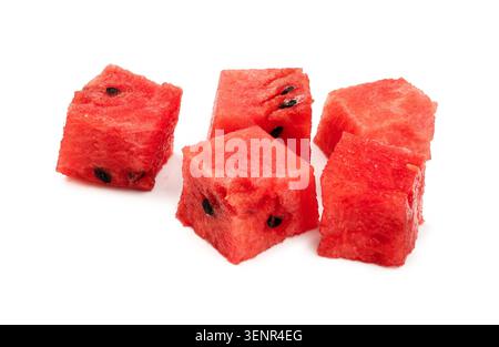 Cubes of watermelon on white background. Pieces of watermelon isolated. Stock Photo