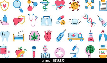 Color medical doodle icons. Protection mask, hospital equipment, pharmacy medicines, ambulance car. Health care, rest and treatment, neoteric vector Stock Vector
