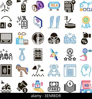 Set of various concept driven linear and glyph icons for business, industry, ecology, and lifestyle, depicting diverse processes, objects, and abstrac Stock Vector