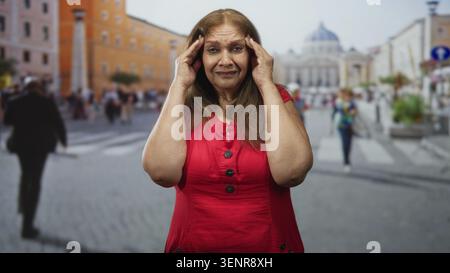 Woman pressing temples with both hands in a headache gesture on a busy european street with cathedral in view; fatigue dizziness. Stock Photo