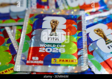 Close up of Panini FIFA World Cup 2026 sticker packets, holographic foil booster packs for football soccer tournament collectors. High quality photo Stock Photo