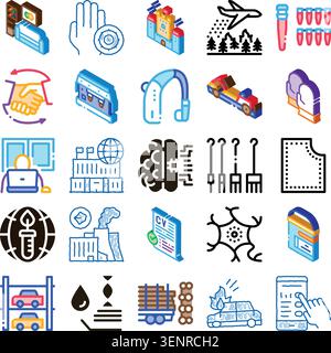 Isometric icon set depicting global business, ai, environment, logistics, research and industrial production for infographics, apps and digital presen Stock Vector
