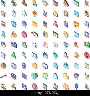 Collection of isometric icons illustrating various concepts including healthcare, technology, business, lifestyle, delivery, communication, security, Stock Vector
