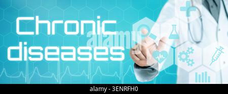 Doctor touching an icon on a futuristic interface - Stock Photo