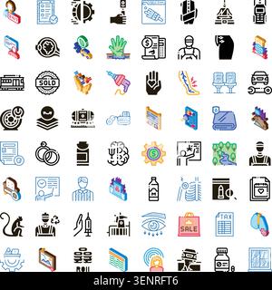 Colorful and black outline icon set illustrating industry, service, healthcare, business, technology and lifestyle concepts for web, app and interface Stock Vector