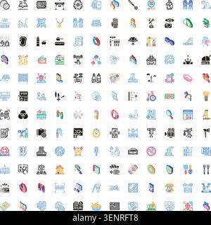 Large diverse set of colorful business and technology icons and pictograms on white background, illustrating concepts like finance, security, communic Stock Vector