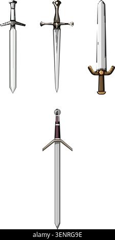 Collection of antique and medieval swords with various hilt designs, ideal for depicting historical combat, adventure, or fantasy themes on a clean wh Stock Vector