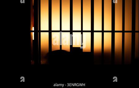 Graphic abstract silhouette of a traditional Japanese sliding paper door shoja with vertical wooden bars back lit by warm ambient light. Tokyo Japan Stock Photo