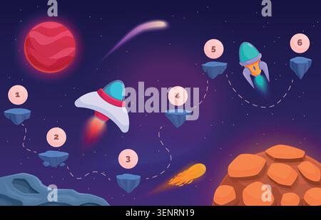 Universe travelling map game. Spaceship flies from one floating stone island to another. Progression through play levels in arcade or table game Stock Vector