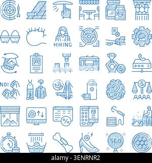Collection of hand drawn scribble icons encompassing various aspects of business, finance, lifestyle activities, technology, and health concepts, illu Stock Vector
