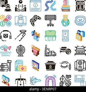 Collection of colorful and linear icons illustrating various business, technology, environmental, and individual concepts, depicting a broad range of Stock Vector