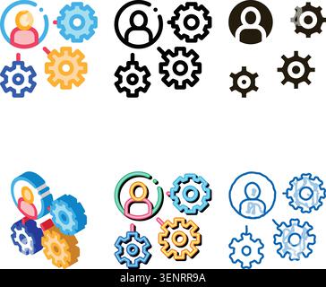 Gear Mechanism And designs Man Silhouette Agile Vector Icon Thin Line. Agile Rocket And Document, Sandglass And Package, Loud-speaker And Stop Watch Stock Vector