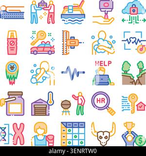 Line art icon set depicting abstract concepts, hygiene, healthcare, human resources, finance, security, property, technology, travel and sports in a c Stock Vector