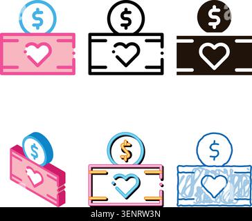 Volunteers Support Thing Box Vector Thin Line Icon. Volunteers Support, Help Charitable Organizations, Heart Package With Coin Dollar Financial Patron Stock Vector