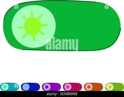 Digital user interface element illustrating a green toggle switch in the active on position, displaying a bright orange sun icon, indicating day or li Stock Vector