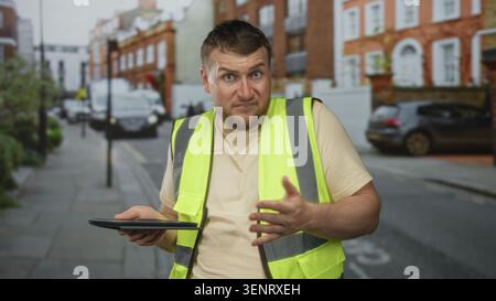 Man in high visibility vest points finger to tablet while checking digital plans on a busy city street with brick buildings and parked cars; work focu Stock Photo