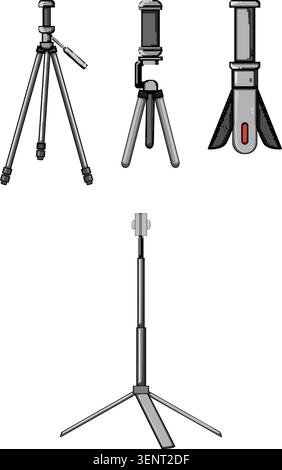Hand drawn collection of various tripods and selfie sticks, providing stability and versatility for mobile photography, video recording, and content c Stock Vector