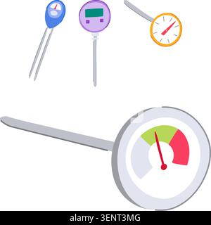 Gardeners using various analog and digital thermometers, including a long stem compost thermometer, and a soil meter for measuring conditions in susta Stock Vector