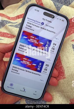 Valid 2026 British Grand Prix mobile tickets shown in the Silverstone app, highlighting authorised access and online resale risks of ticket touts Stock Photo