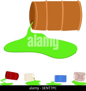 Hazardous green chemical liquid leaking from toppled metal barrels and plastic canisters, spilling onto ground to illustrate toxic waste, contaminatio Stock Vector