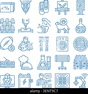 Collection of conceptual symbols presented in a hand drawn sketch style, representing a wide range of different activities, services, hobbies, and tec Stock Vector