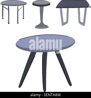 Collection of contemporary furniture pieces for interior spaces, featuring different styles of round and rectangular accent tables with simple, clean Stock Vector