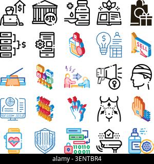 Collection of doodle style and isometric icons illustrating various concepts including business, finance, law, health, data, communication, and inform Stock Vector