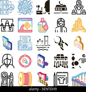 Set of vector icons illustrating various concepts from business, technology, finance, personal development, industry, and entertainment, presented in Stock Vector