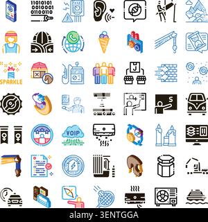 Large collection of minimalist line, glyph, and isometric icons demonstrating various business, technology, social, and lifestyle concepts for web and Stock Vector